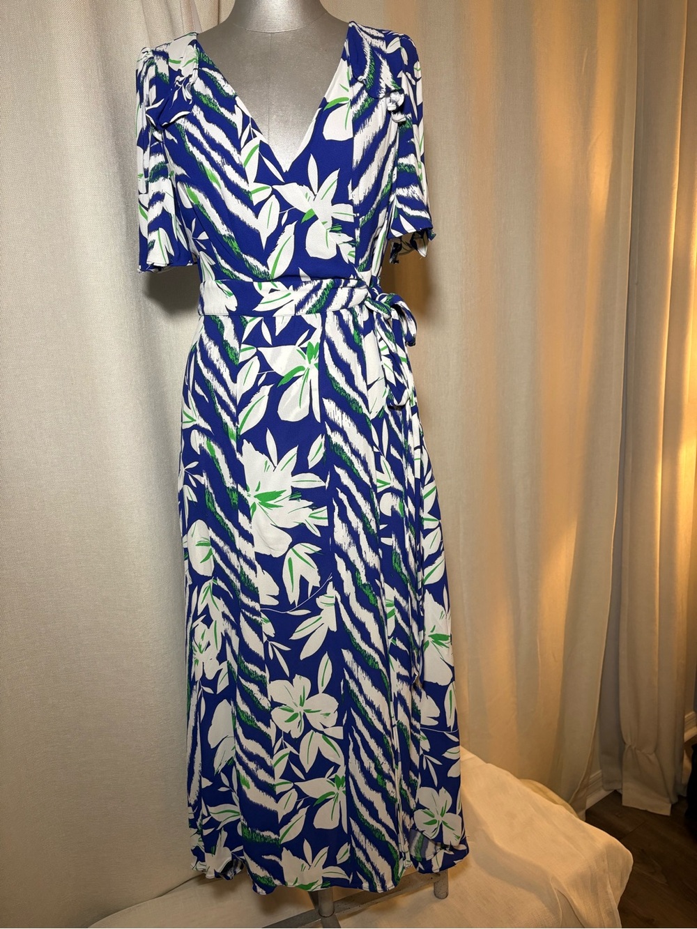 French Connection Cobalt Blue Floral Tropical Wrap Maxi Dress cape sleeves XS - Picture 2 of 14